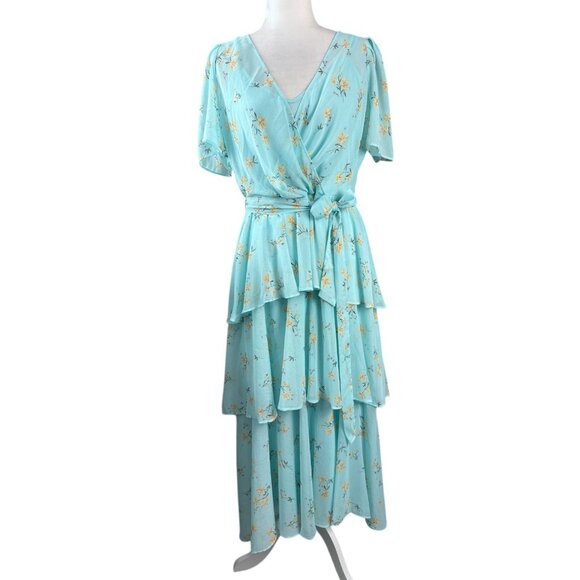 Calvin Klein Tiered Chiffon Midi Dress in Aqua Floral Boho Feminine Women's 12 - Picture 2 of 10